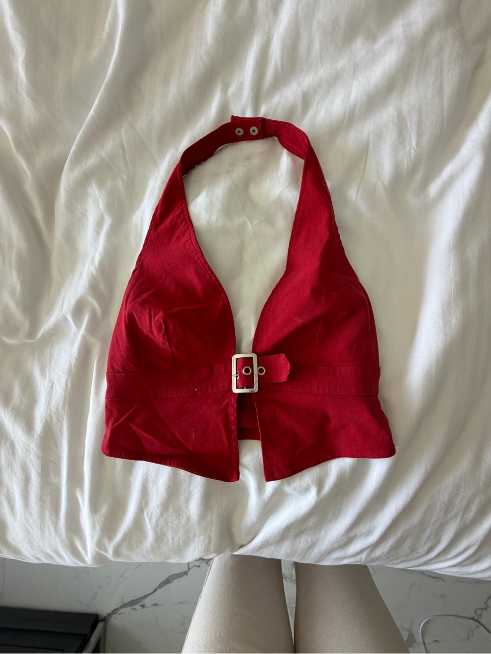 Garage Red Halter Crop Top with Front Buckle Detail